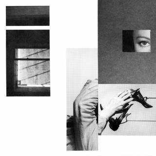 The cover artwork by Morgan Cuinet - collage of black and white photos, cut out of magazines: a chair sideways, an arm, a hand holding horse gear, an eye of a woman. 